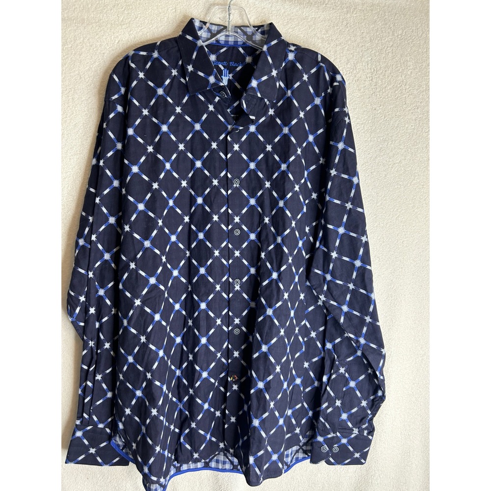 Luchiano Visconti Black Mens XL Blue Geometric Lattice Button Down Shirt Cotton